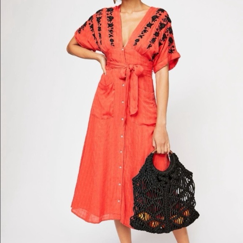 Free People Red Embroidered V-Neck Midi Dress - XXS